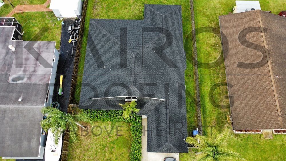 aerial view of a roof replacement for Florida shingle roof with GAF timberline HDZ charcoal shingles