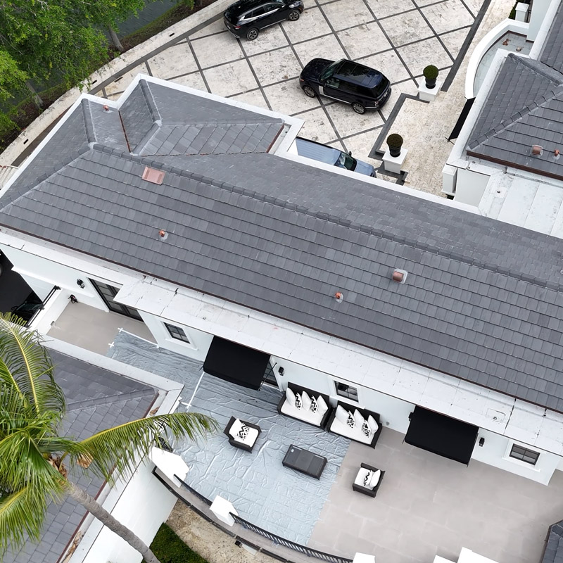 drone view of concrete tile roof