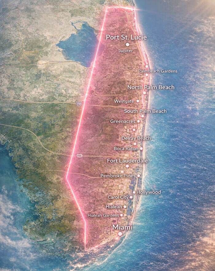 service area map from Port St. Lucie to Miami, FL